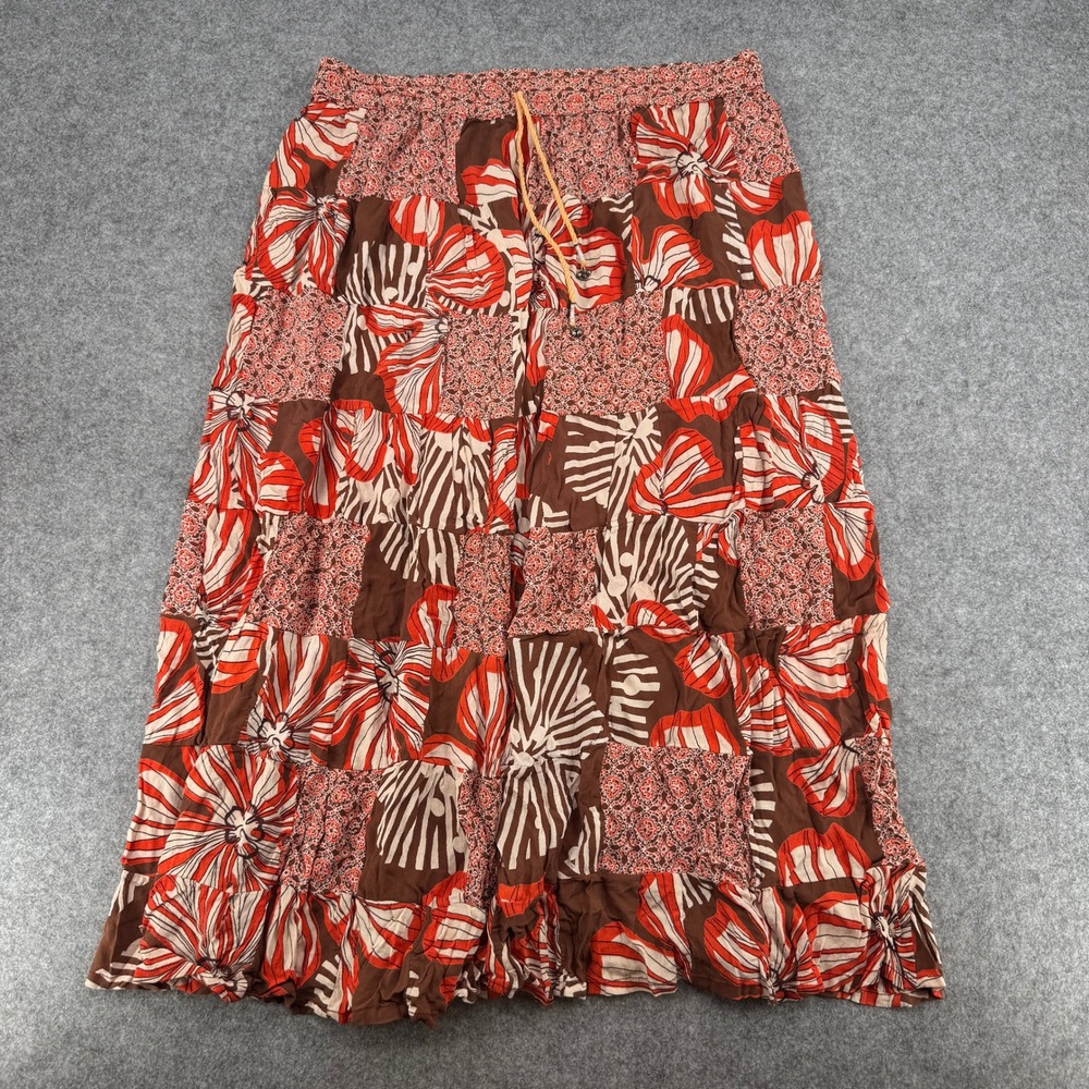 Good Times Patchwork Maxi Skirt Orange Brown Boho Rayon Tiered Free Size